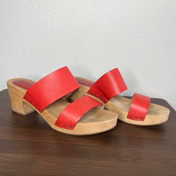 Madewell Lipstick Red Double Strap Leather Wood Clara Clog Heeled Sandal - Picture 3 of 14